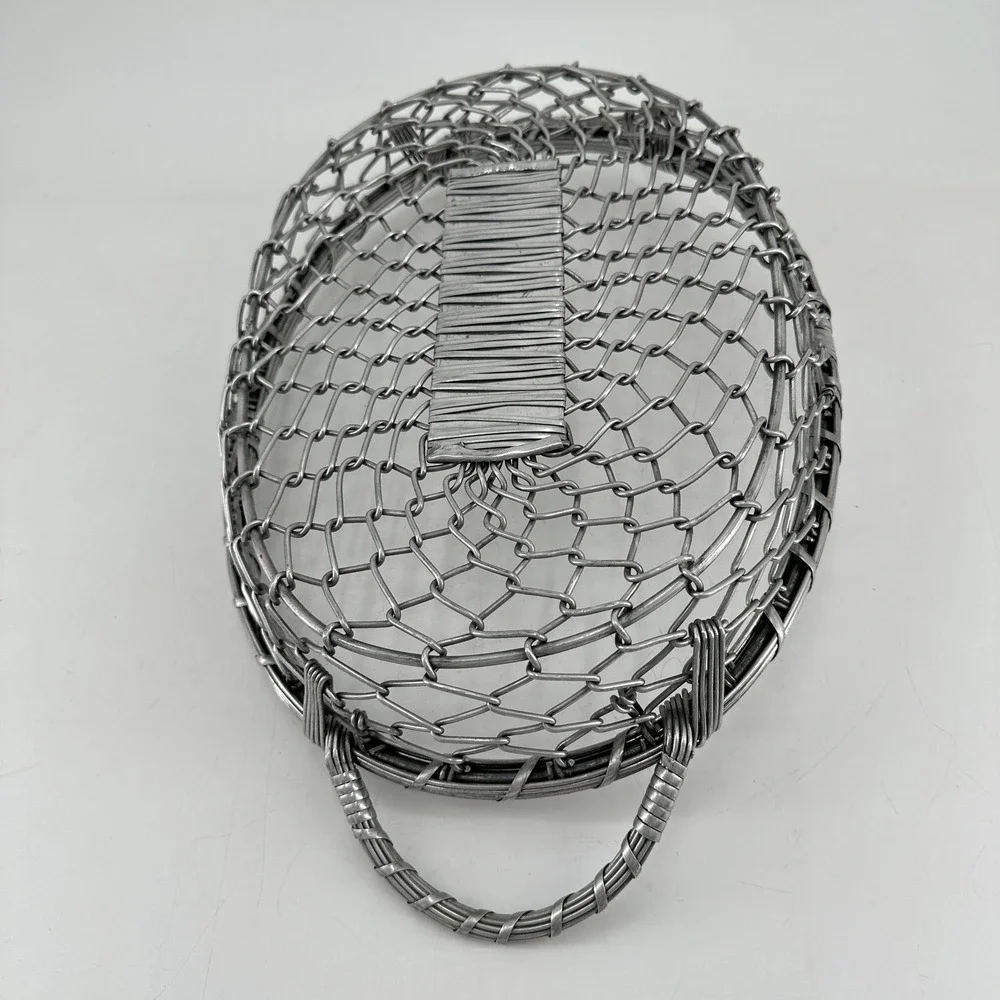 Vintage Style Oval Metal Wire Mesh Basket with Handles Silver Industrial Decor
